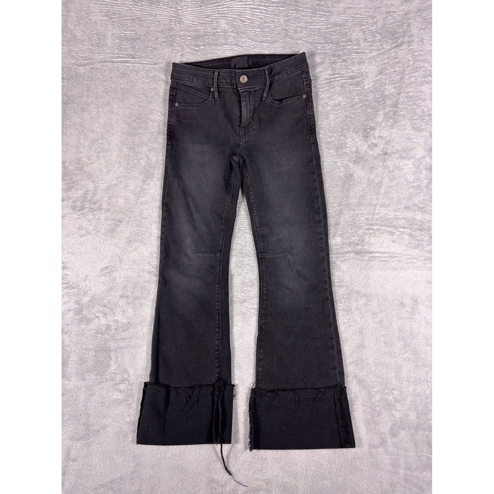 RtA Womens Frayed Fold Over Cuff Hem Flare Jeans Faded Black Size 26 Stretch